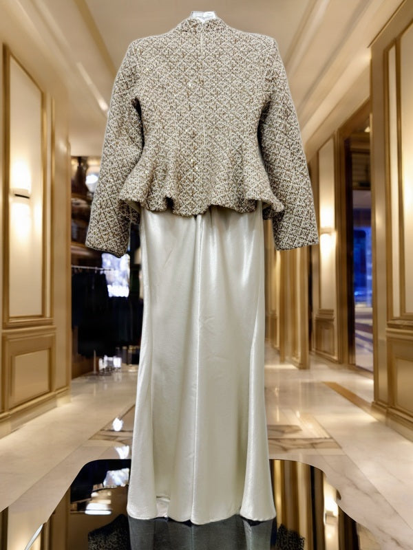 Tweed Peplum Jacket & Satin Maxi Skirt Set hanging view · nz-bg-v1