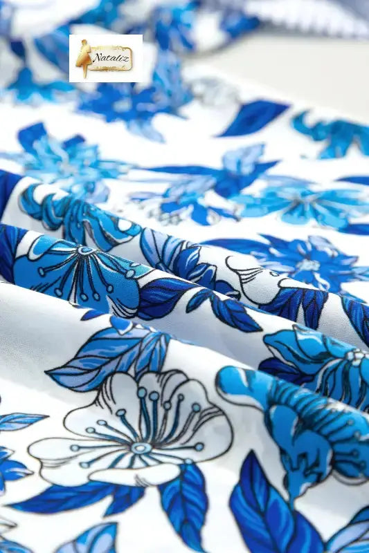 Sky Blue Floral Print Striped Patchwork Long Flounce Sleeve Ricrac Trim V Neck Blouse Nataliz