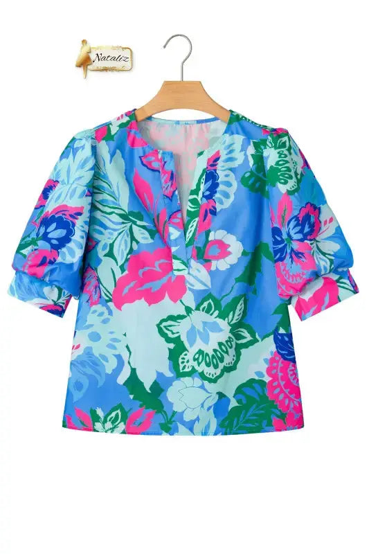 Sky Blue Floral Print V Neck Half Sleeve Blouse Nataliz