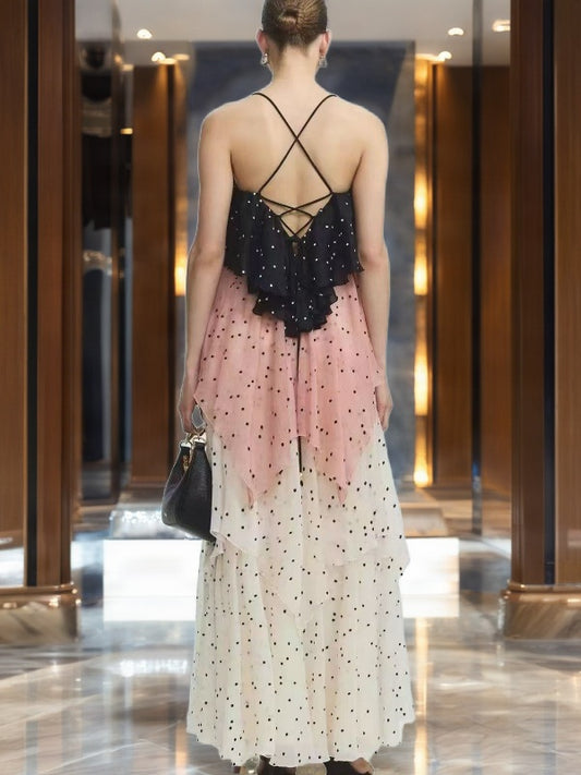 Tiered Polka Dot Maxi Dress in Black, Blush & Cream model back view · nz-bg-v1