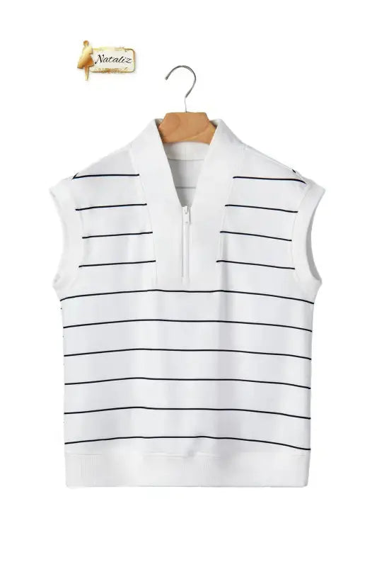 White Stripe Color Block Zip V Neck Sleeveless Top Nataliz