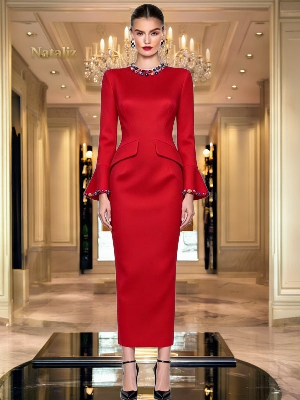 Jewel-Trim Bell Sleeve Midi Dress
