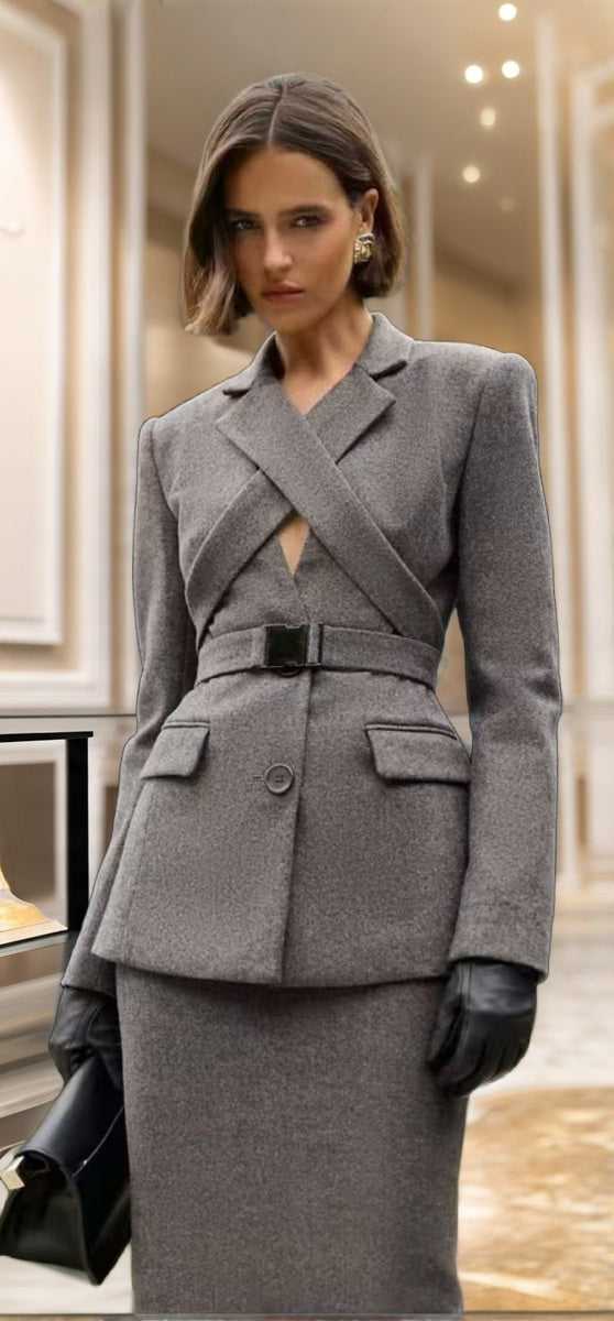 Belted Crossover Blazer and Midi Skirt Set model front view · nz-bg-v1