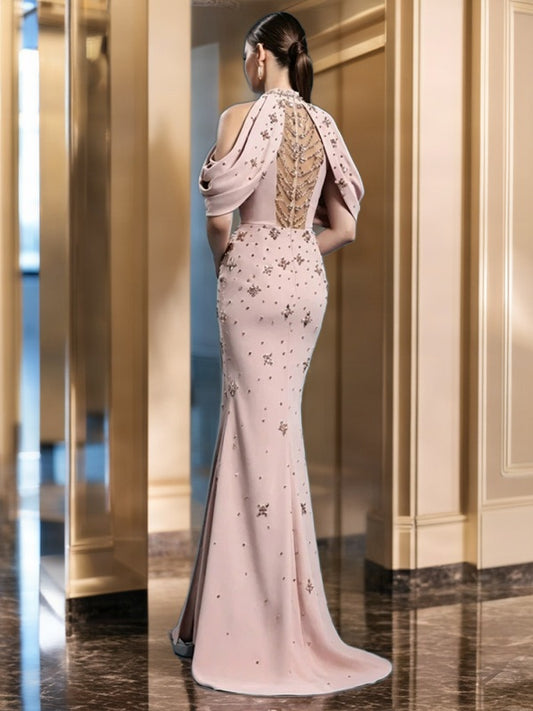 Beaded Halter Maxi Gown in Blush Pink model back view · nz-bg-v1