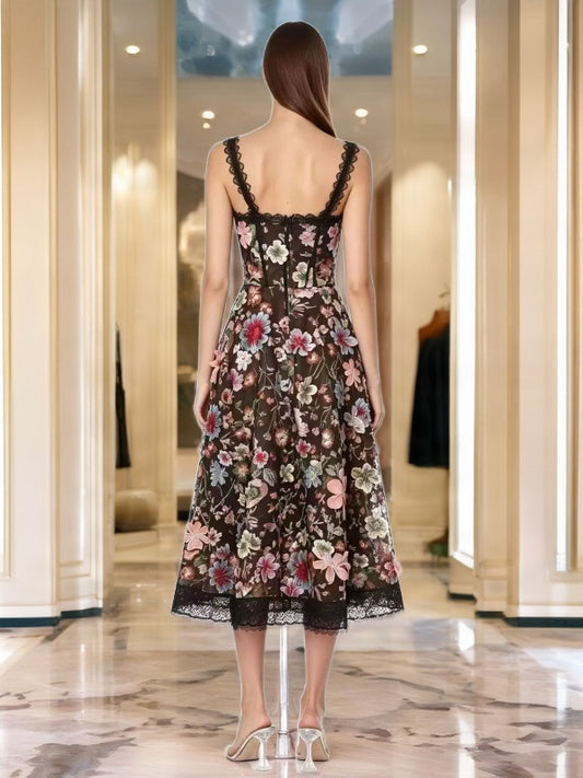 Floral Embroidered Midi Dress with Scalloped Trim model back view · nz-bg-v1