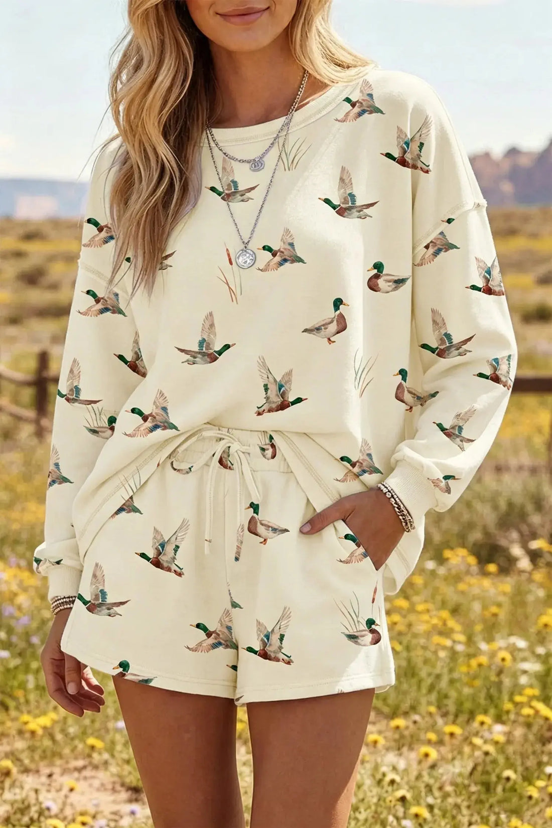 Beige Free Mallard Print Long Sleeve Top Drawstring Short Set styled as a fall tailgate outfit