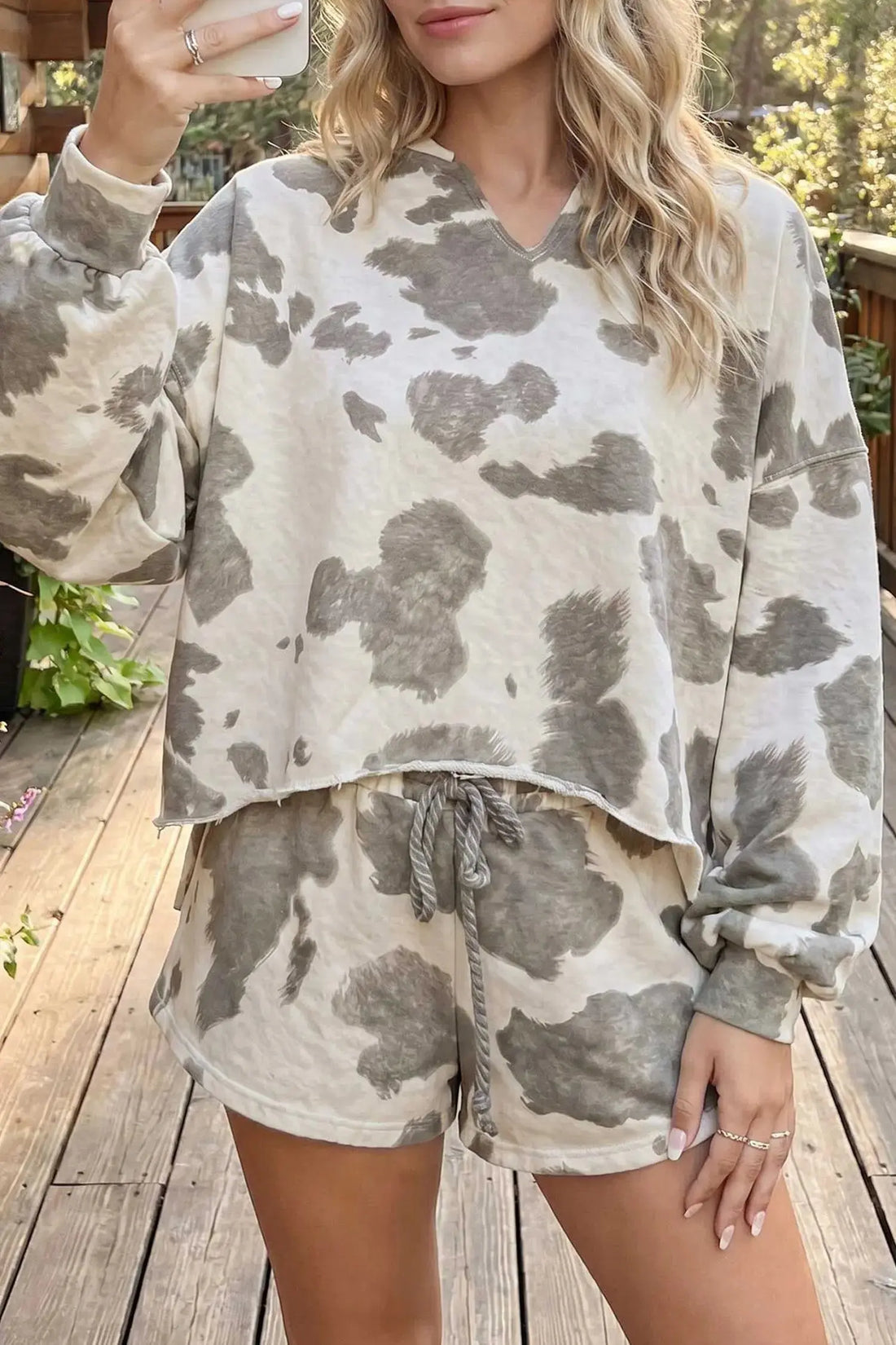 Gray Western Print Raw Hem Long Sleeve Top Drawstring Shorts Set styled as a rodeo outfit, front view