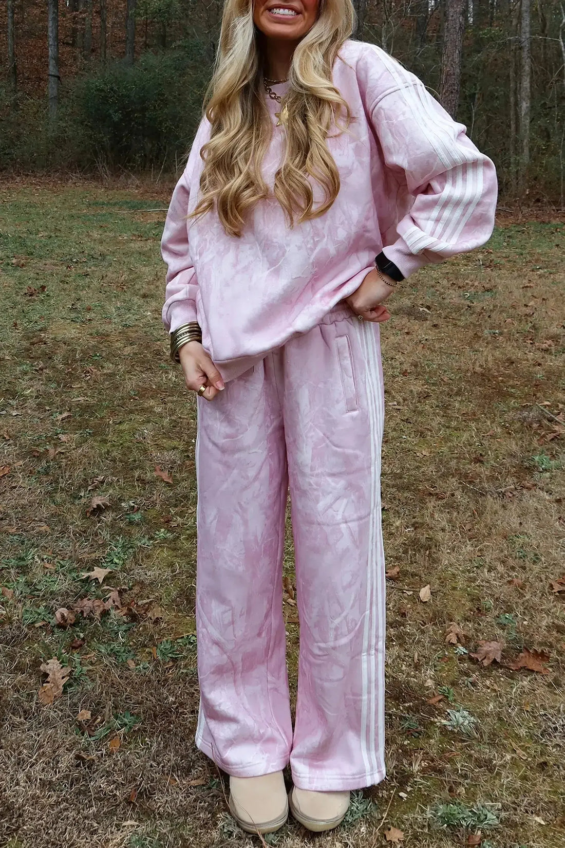Pink Abstract Print Side Stripe Detail Long Sleeve Top Loose Pants Set styled as a comfortable long flight outfit
