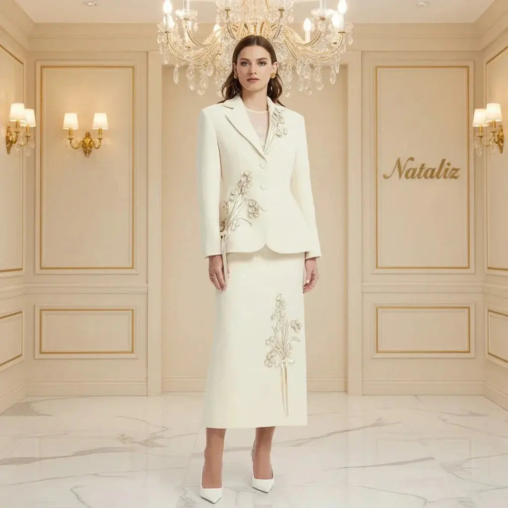 Ivory Two Piece Skirt Set from Nataliz worn by a model, front view of the tweed top and matching full length skirt