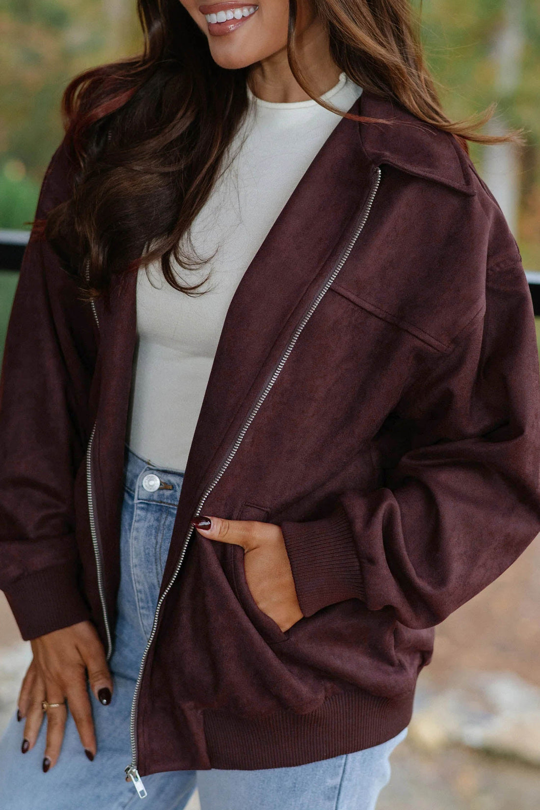 Nataliz Chicory Coffee zip-up metal placket collar long sleeve jacket, front view