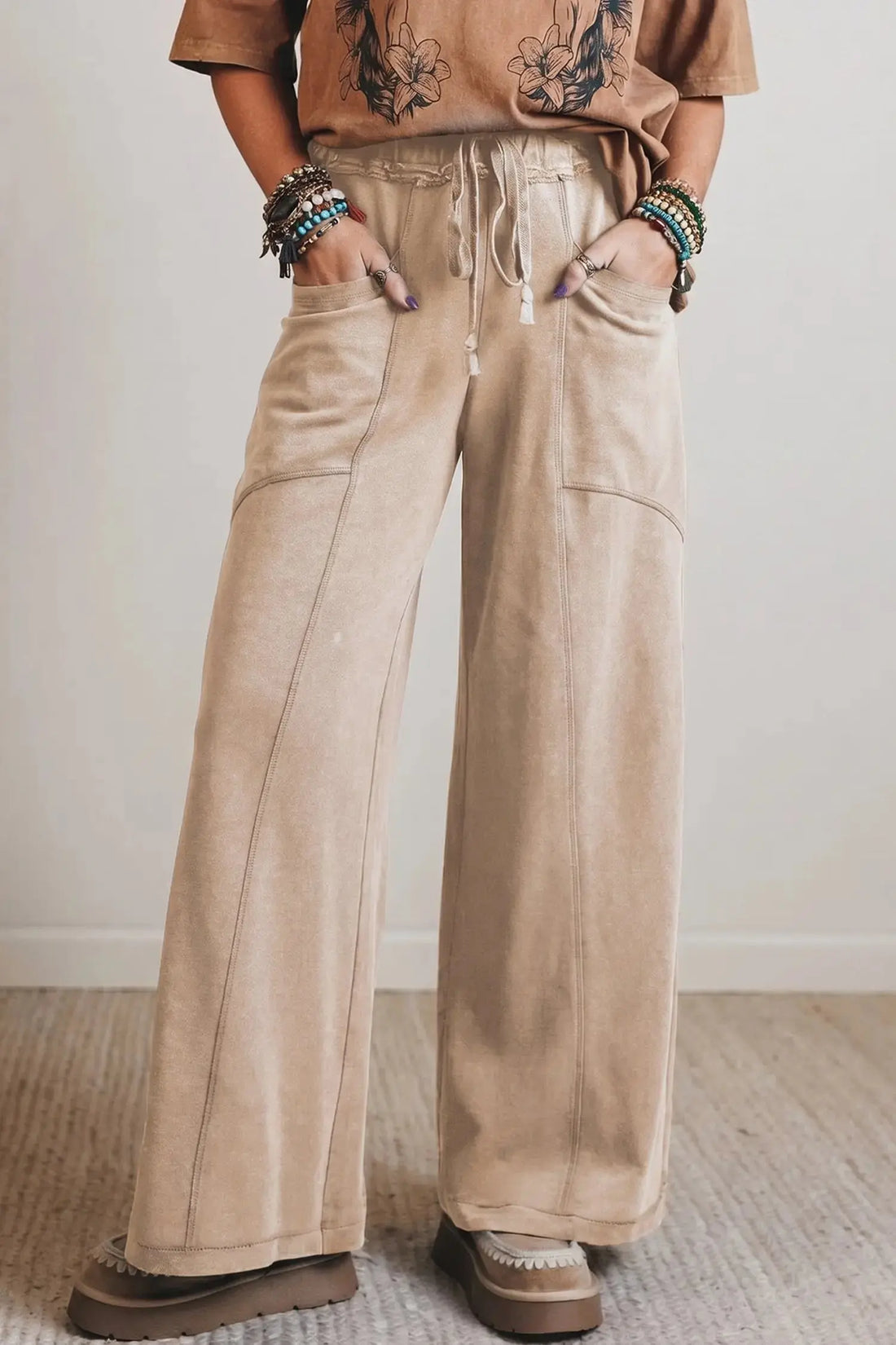 Smoke Gray Mineral Wash Drawstring Retro High Waist Wide Leg Western Pants from Nataliz, full length front view
