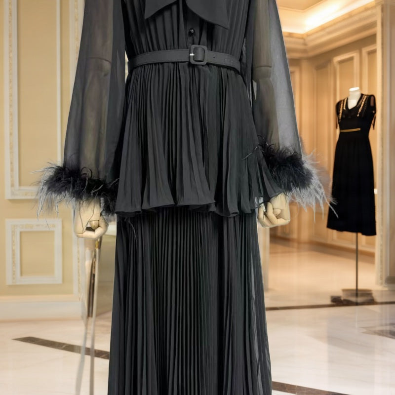 Feather Cuff Pussybow Blouse & Pleated Maxi Skirt Set mannequin view · nz-bg-v1