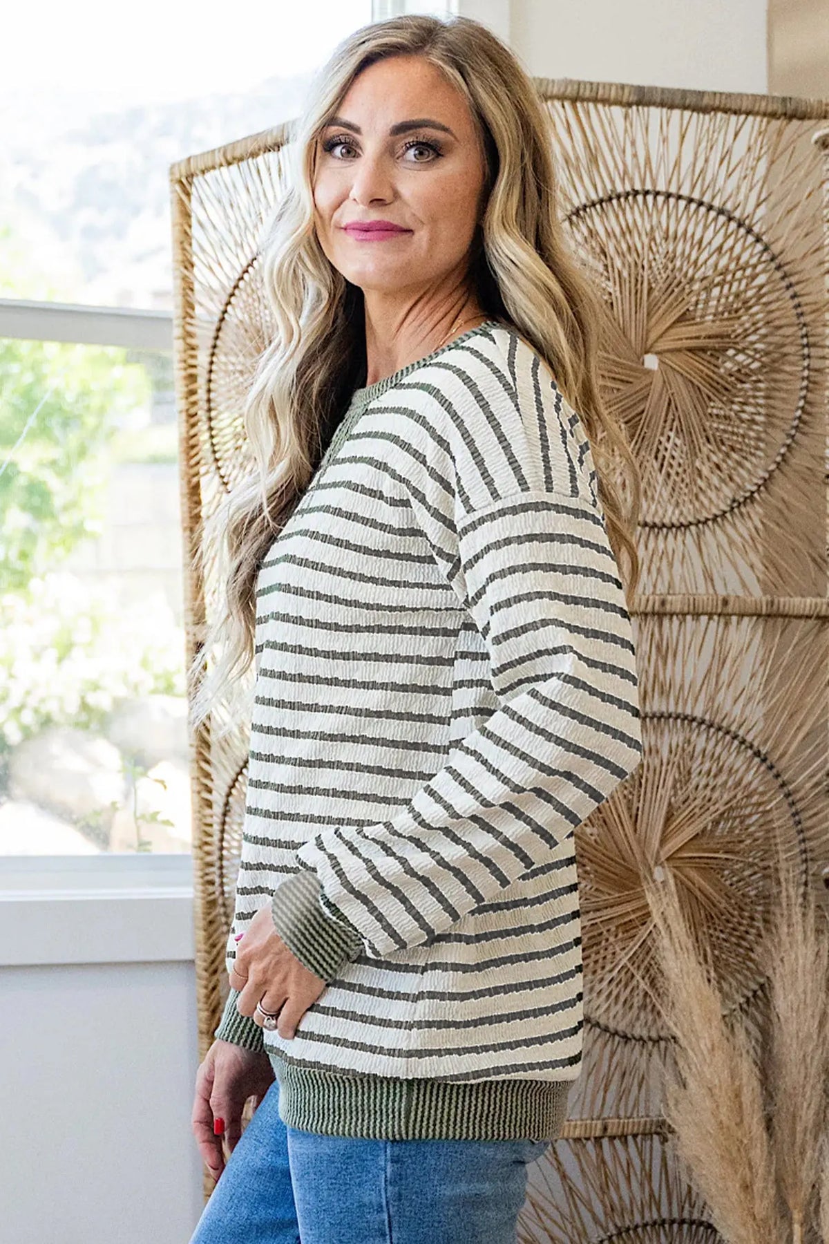 Green Stripe Twisted Ribbed Patchwork Textured Long Sleeve Top side view · nz-alt-v1
