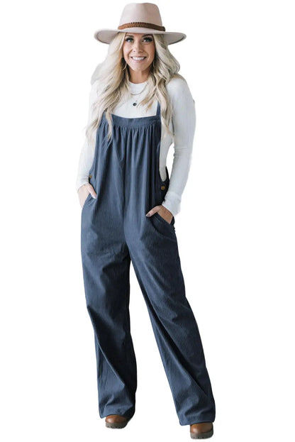 Real Teal Button Adjustable Straps Solid Color Corduroy Jumpsuit