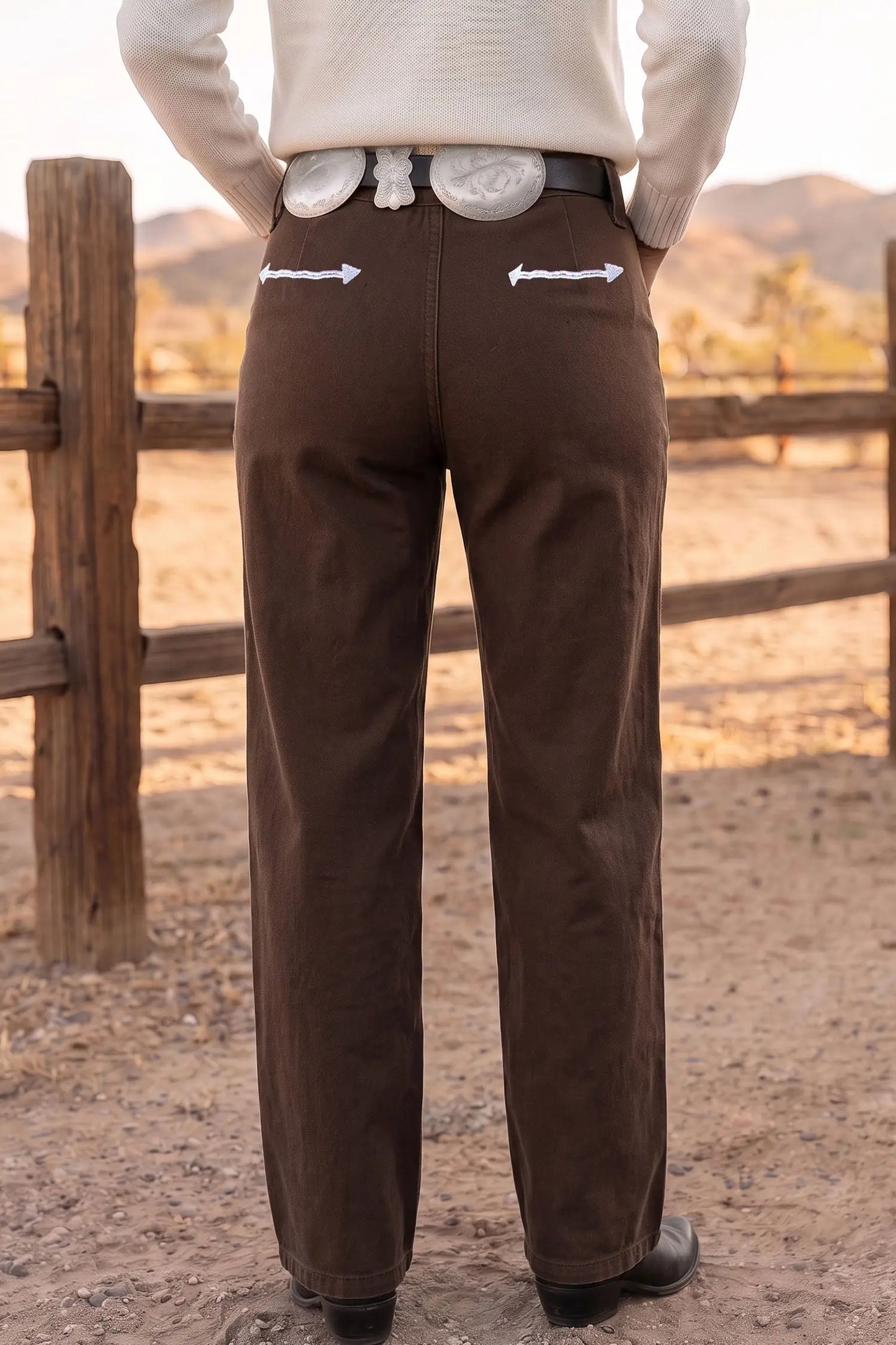 Coffee Western Colorblock Pockets Button Fly Decorative Belt Loops Straight Leg Jeans