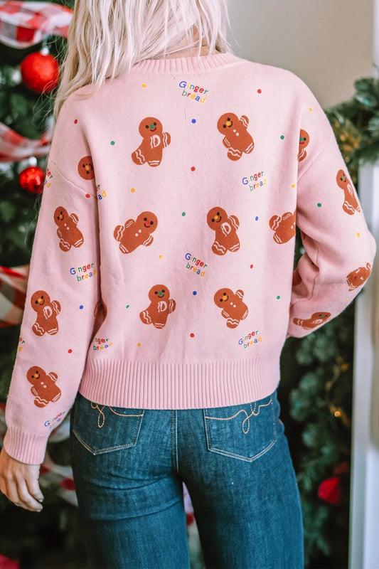Pink Festive Gingerbread Pattern Long Sleeve Round Neck Sweater model back view · nz-alt-v1