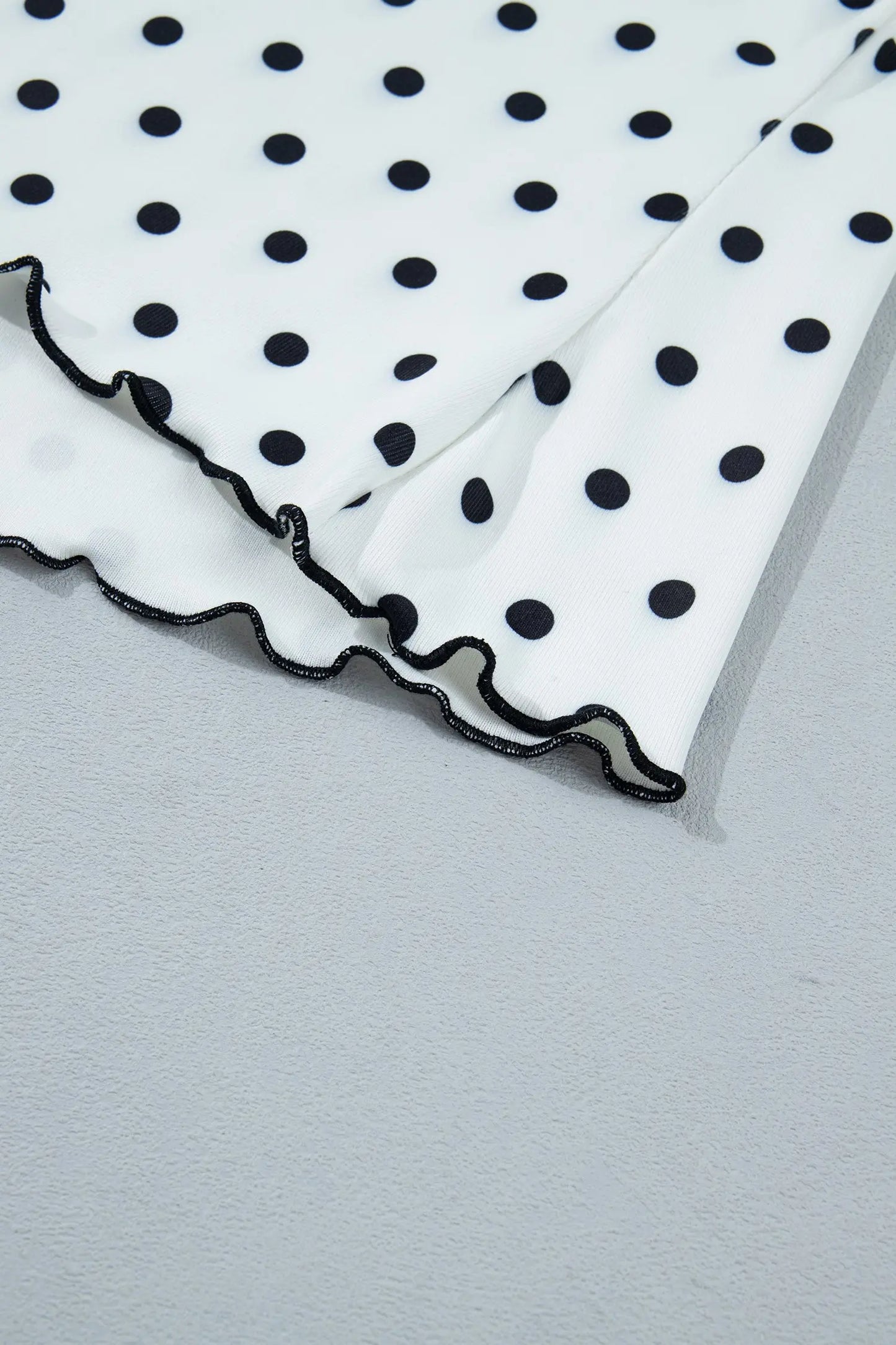 Black Polka Dot Print Lettuce Trim Long Sleeve Top