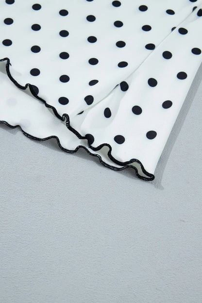 Black Polka Dot Print Lettuce Trim Long Sleeve Top