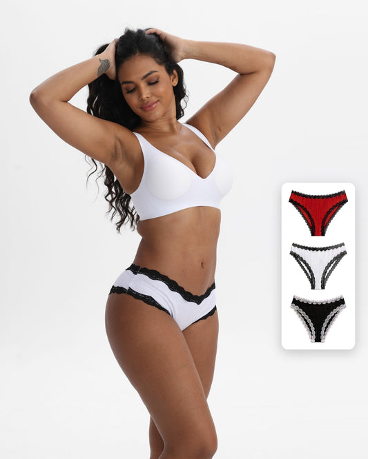 Bragas cheeky de algodón 95% para mujer con encaje en contraste, pack de 3