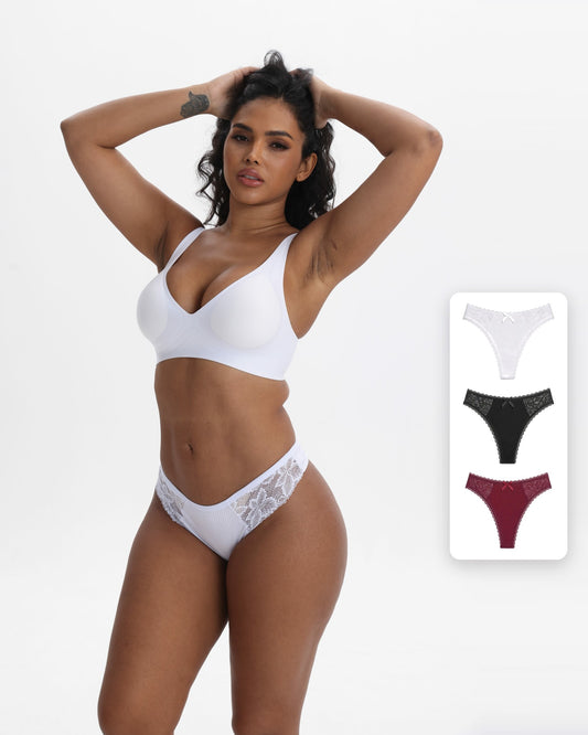 Tangas de algodón 95% para mujer con detalle de encaje, pack de 3