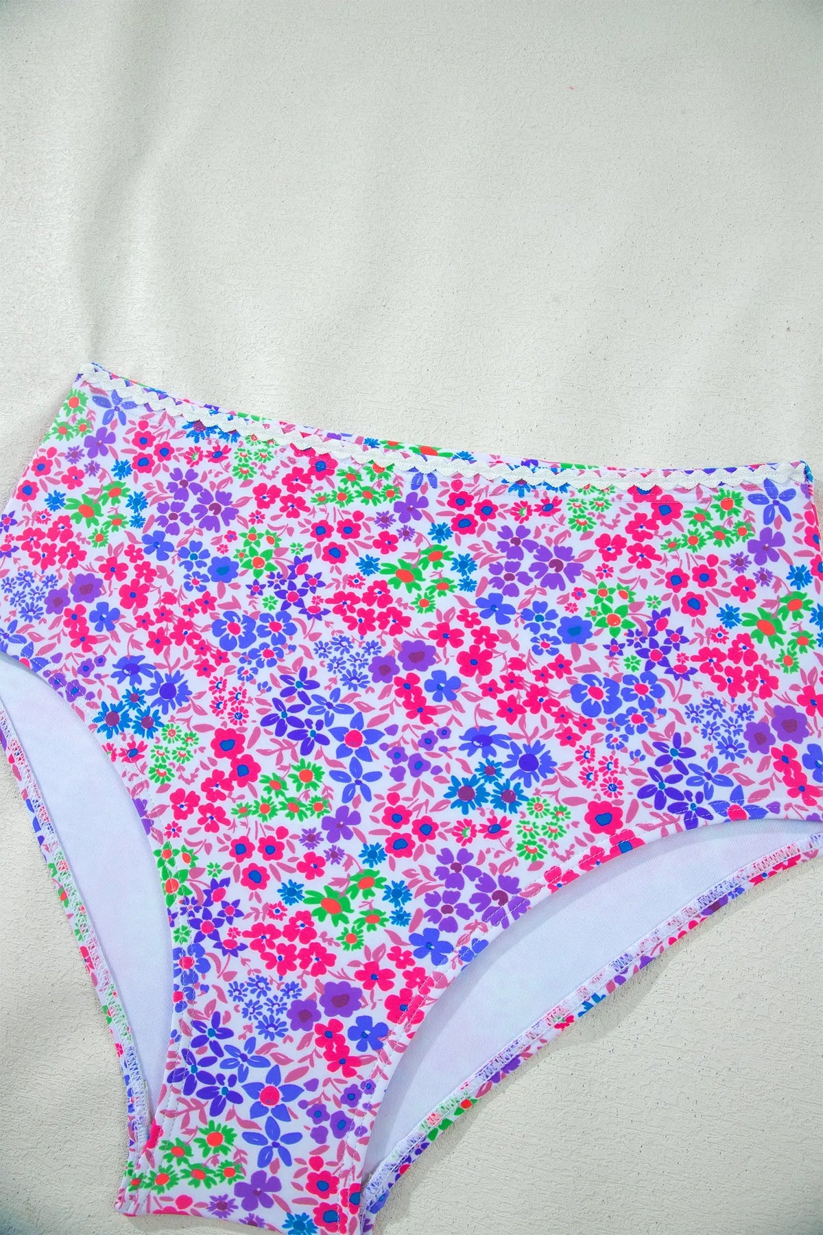 Purple Floral Print Lace Trim Spaghetti Strap Ruched Bikini High Waist Swimsuit
