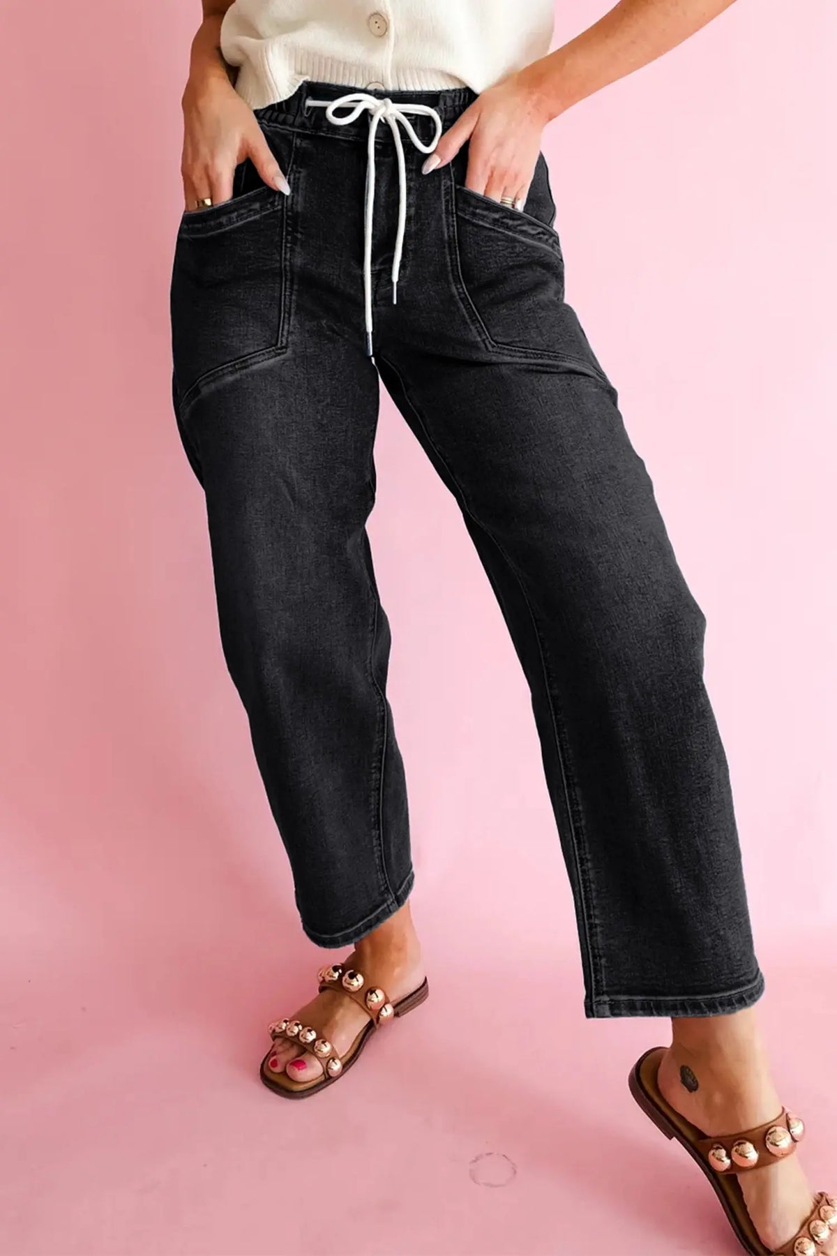 Black Drawstring Waist Ankle Length Casual Jeans model front view · nz-alt-v1