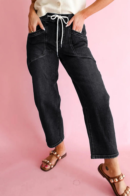 Black Drawstring Waist Ankle Length Casual Jeans model front view · nz-alt-v1