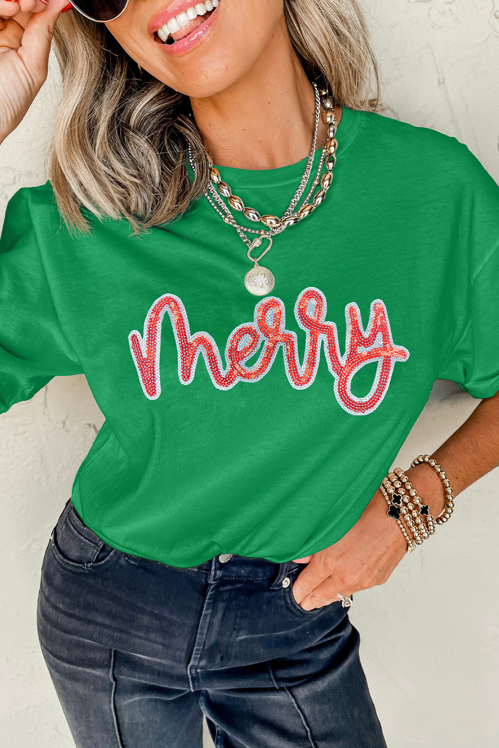 Bright Green merry Sequin Letter Graphic Cotton Blend Tee
