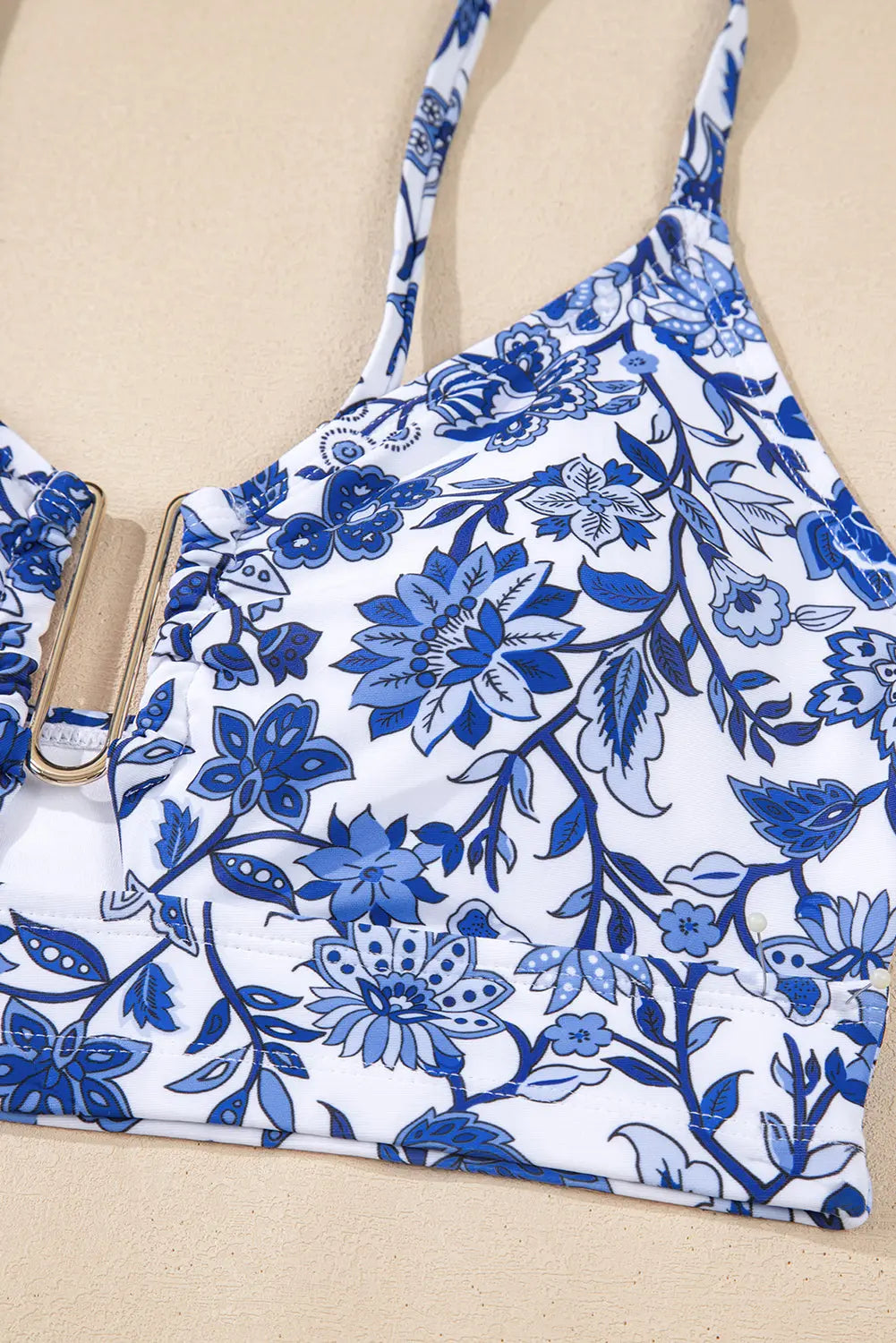 Blue Floral Print Hardware Accent Notched Neck High Waist Bikini Set