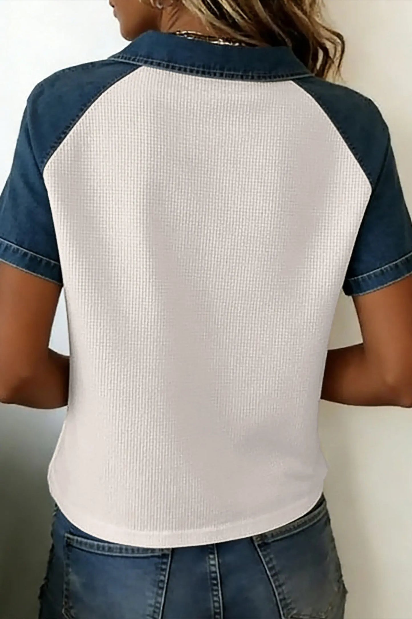White Textured Color Block Denim Patchwork Polo Collar Tee