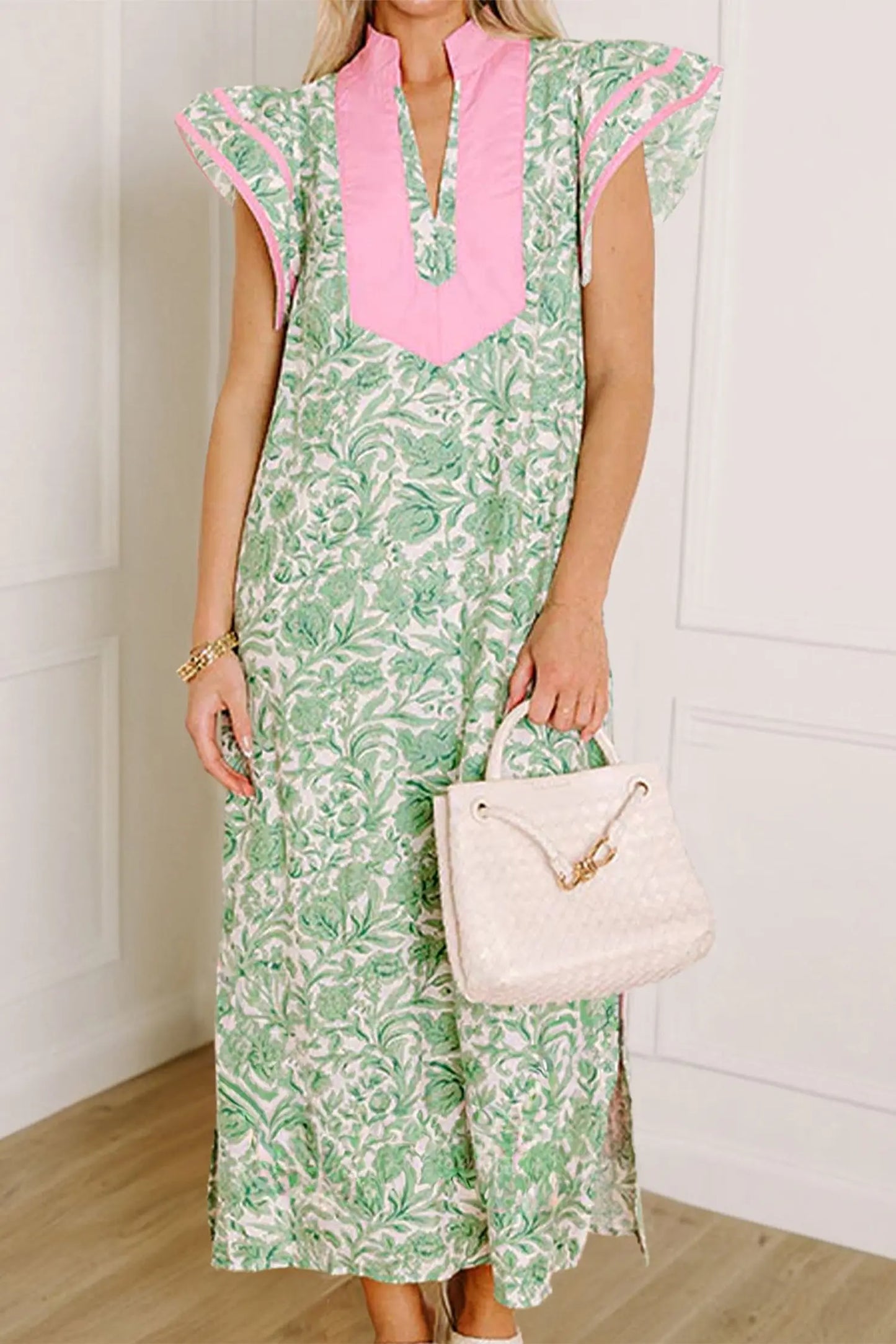 Pink Floral Print Color Block Patchwork V Neck Short Sleeve Midi Dress Nataliz