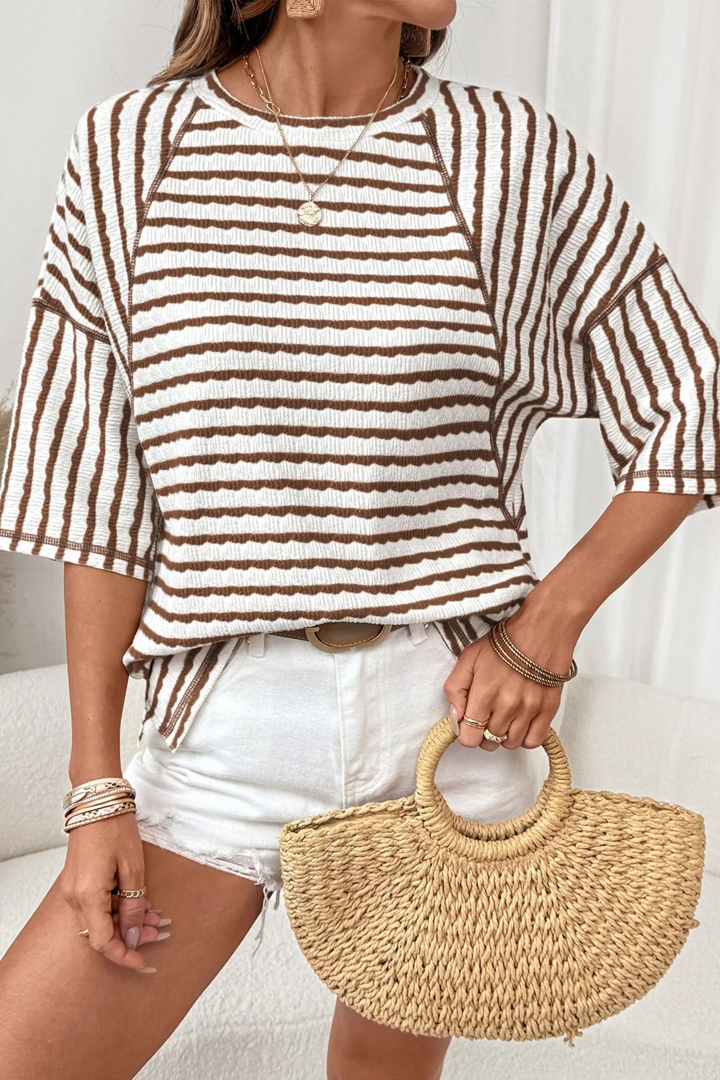 Brown Stripe Textured Knit Split Hem Half Sleeve Loose Top Dear-Lover Dropshipping