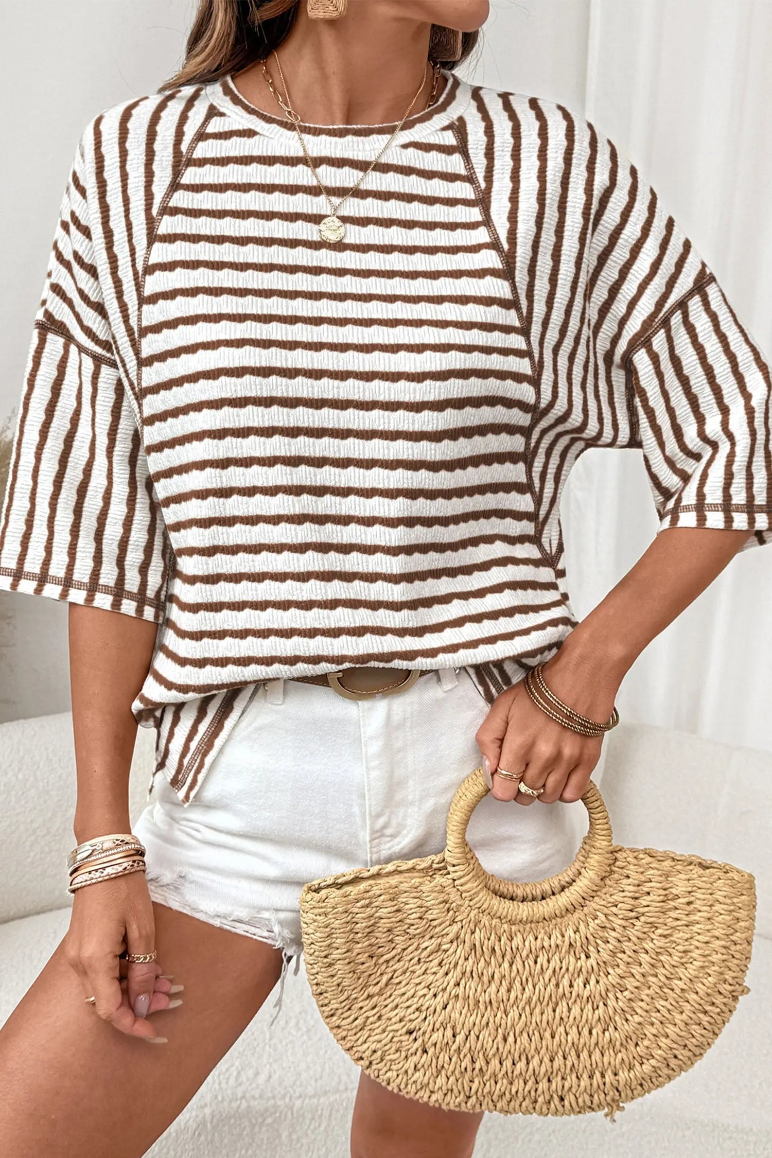 Brown Stripe Textured Knit Split Hem Half Sleeve Loose Top Dear-Lover Dropshipping
