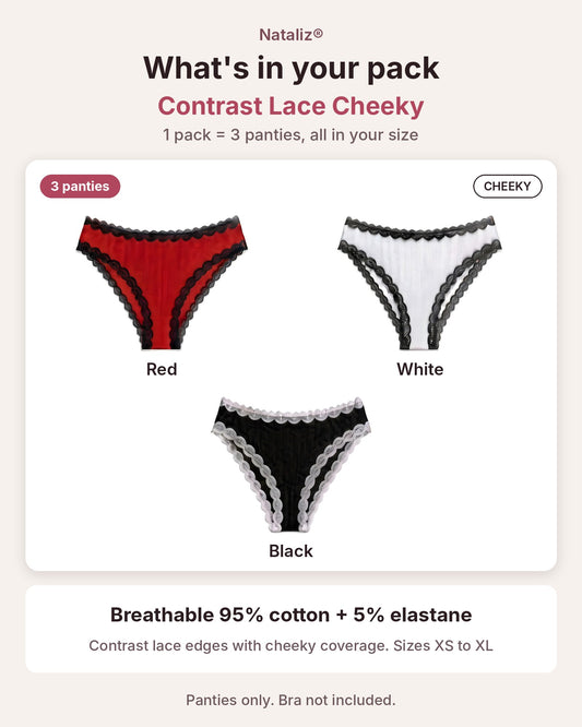 Bragas cheeky de algodón 95% para mujer con encaje en contraste, pack de 3