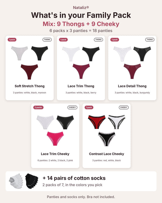 Family Pack: 18 Women's 95% Cotton Panties + 14 Pairs Cotton Socks
