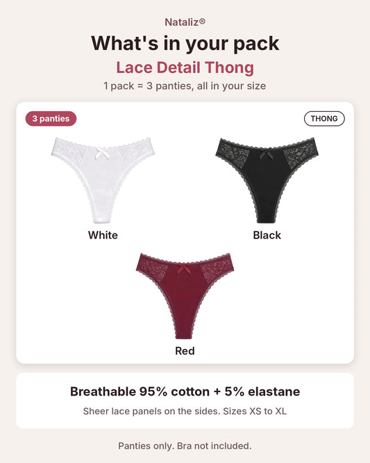 Tangas de algodón 95% para mujer con detalle de encaje, pack de 3