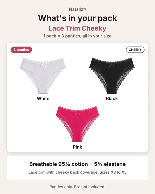 Bragas cheeky de algodón 95% para mujer con encaje, pack de 3