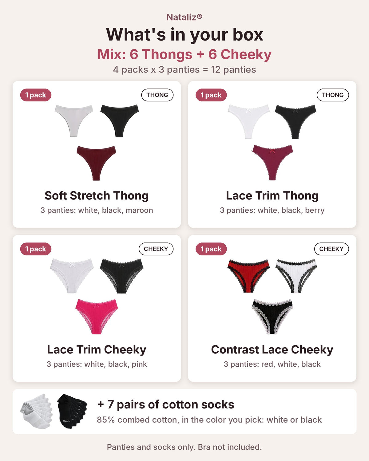 Stock-Up Bundle: 12 Women's 95% Cotton Panties + 7 Pairs Cotton Socks