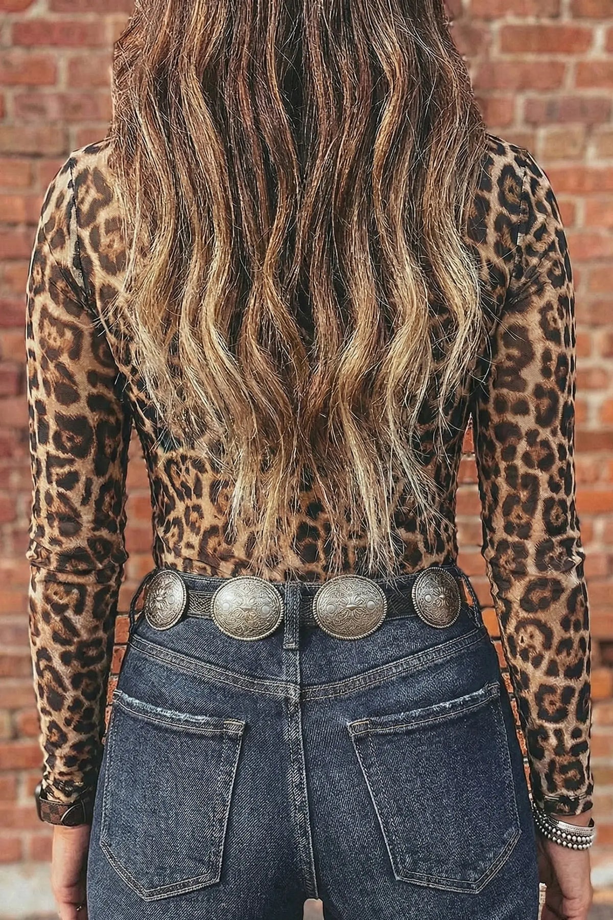 Leopard Print Slim Fit Mesh Long Sleeve Mock Neck Top model back view · nz-alt-v1
