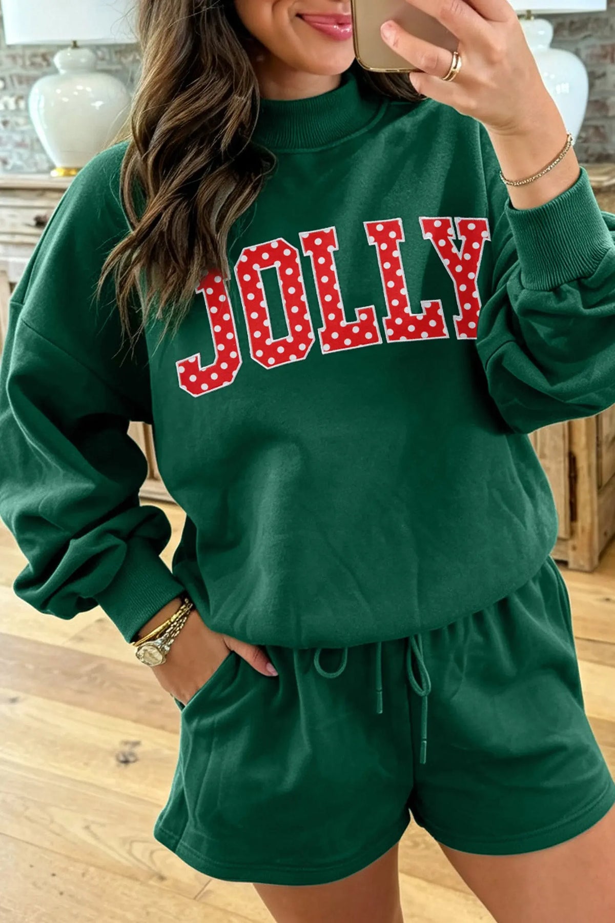 Dark Green Christmas Slogan Print Mock Neck Pullover and Shorts Set model front view · nz-alt-v1