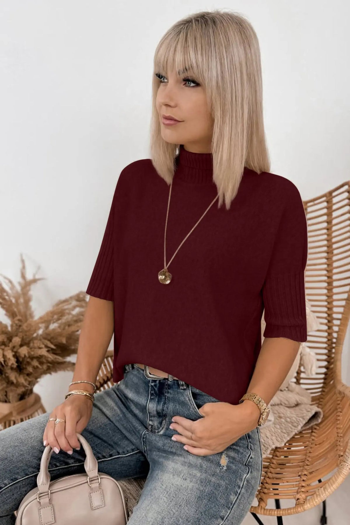 Burgundy Ribbed Trim High Neck Short Sleeve Casual Sweater model front view · nz-alt-v1