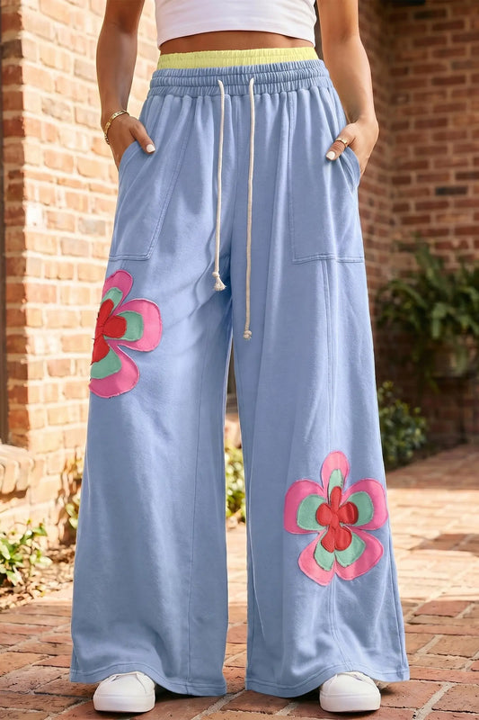 Sky Blue Color Block Flower Patchwork Drawstring Contrasted Elastic Waist Wide Leg Pants Nataliz