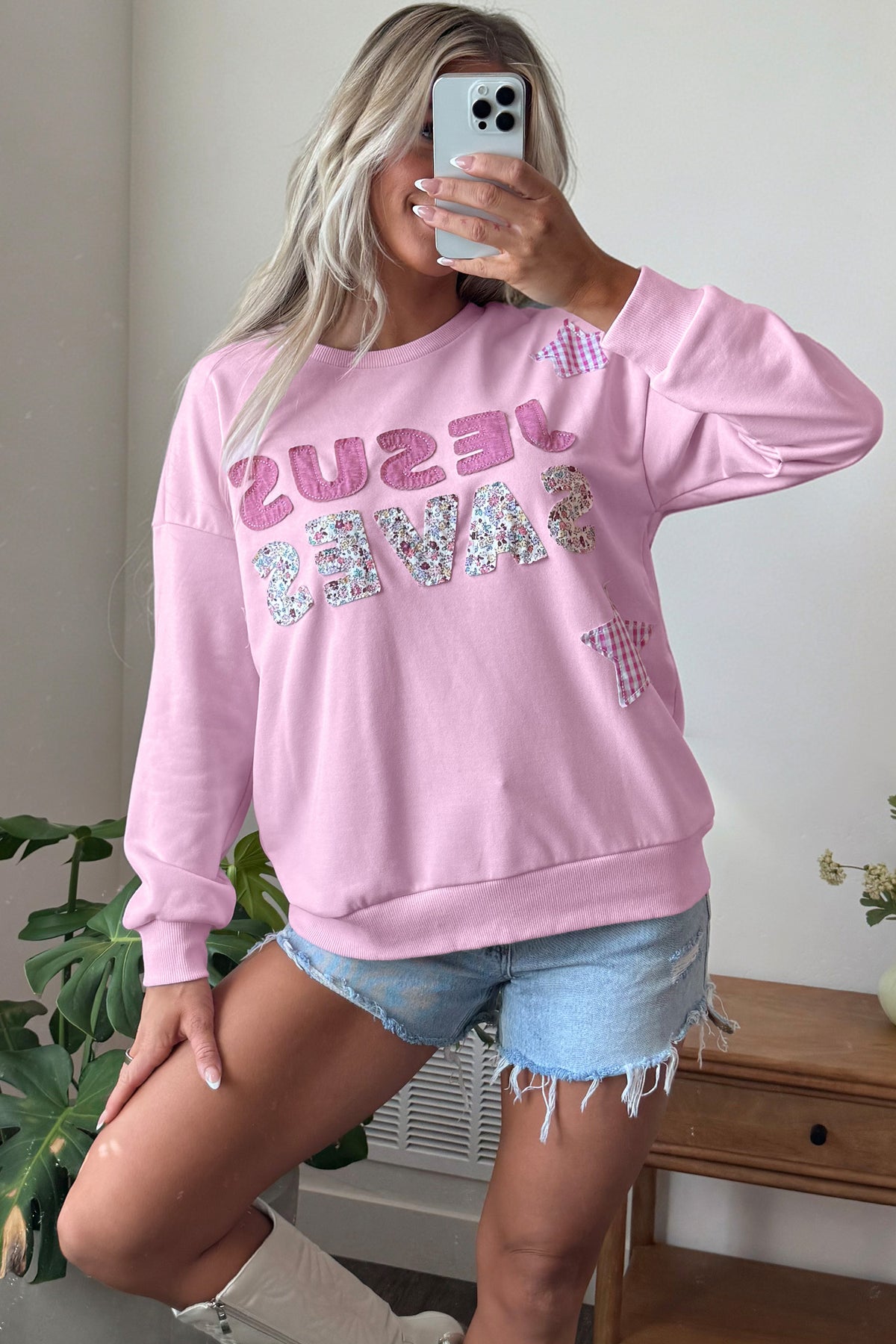 Patchwork Stars Plaid Unique Floral Letters Baggy Sweatshirt