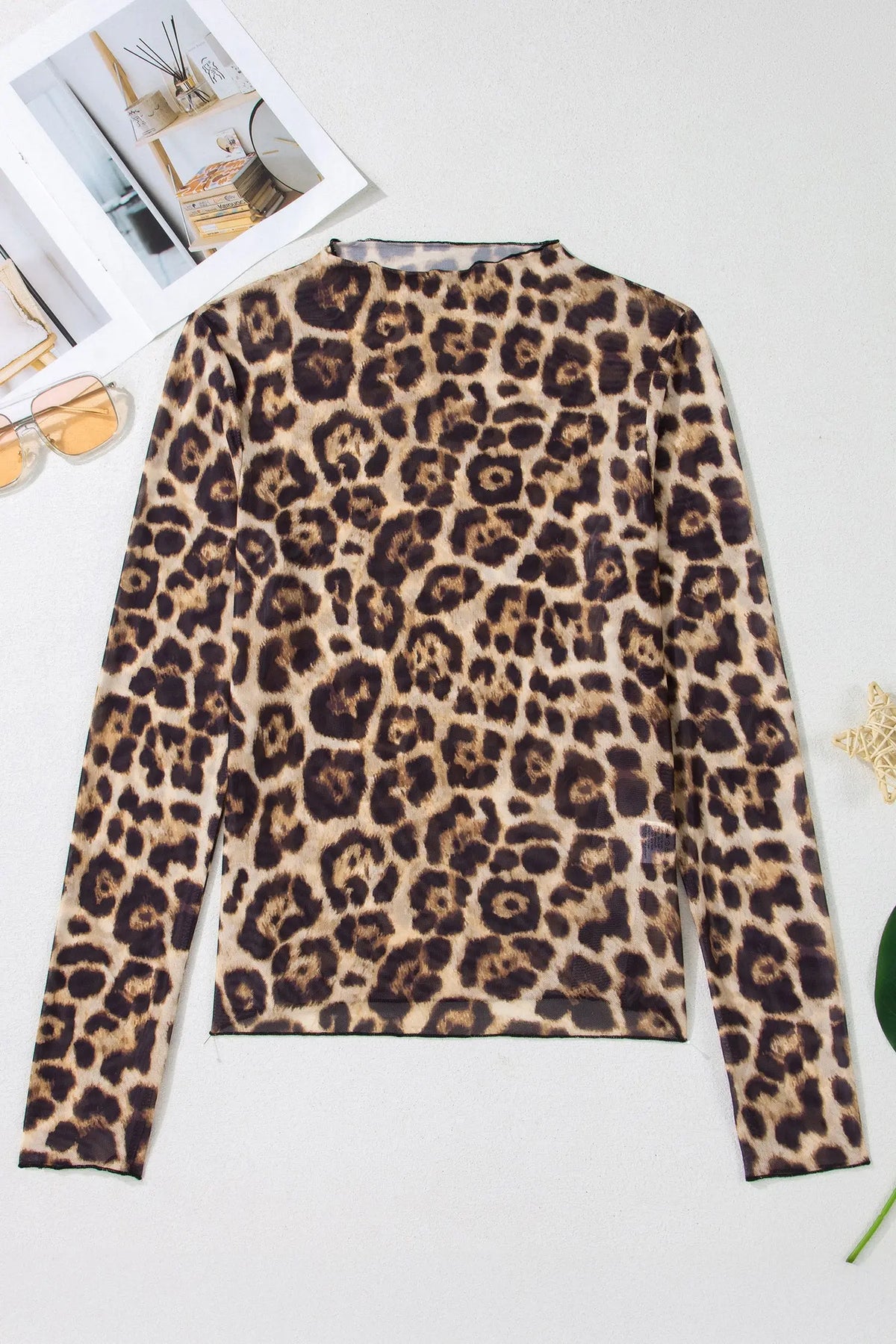 Leopard Print Slim Fit Mesh Long Sleeve Mock Neck Top flat lay view · nz-alt-v1