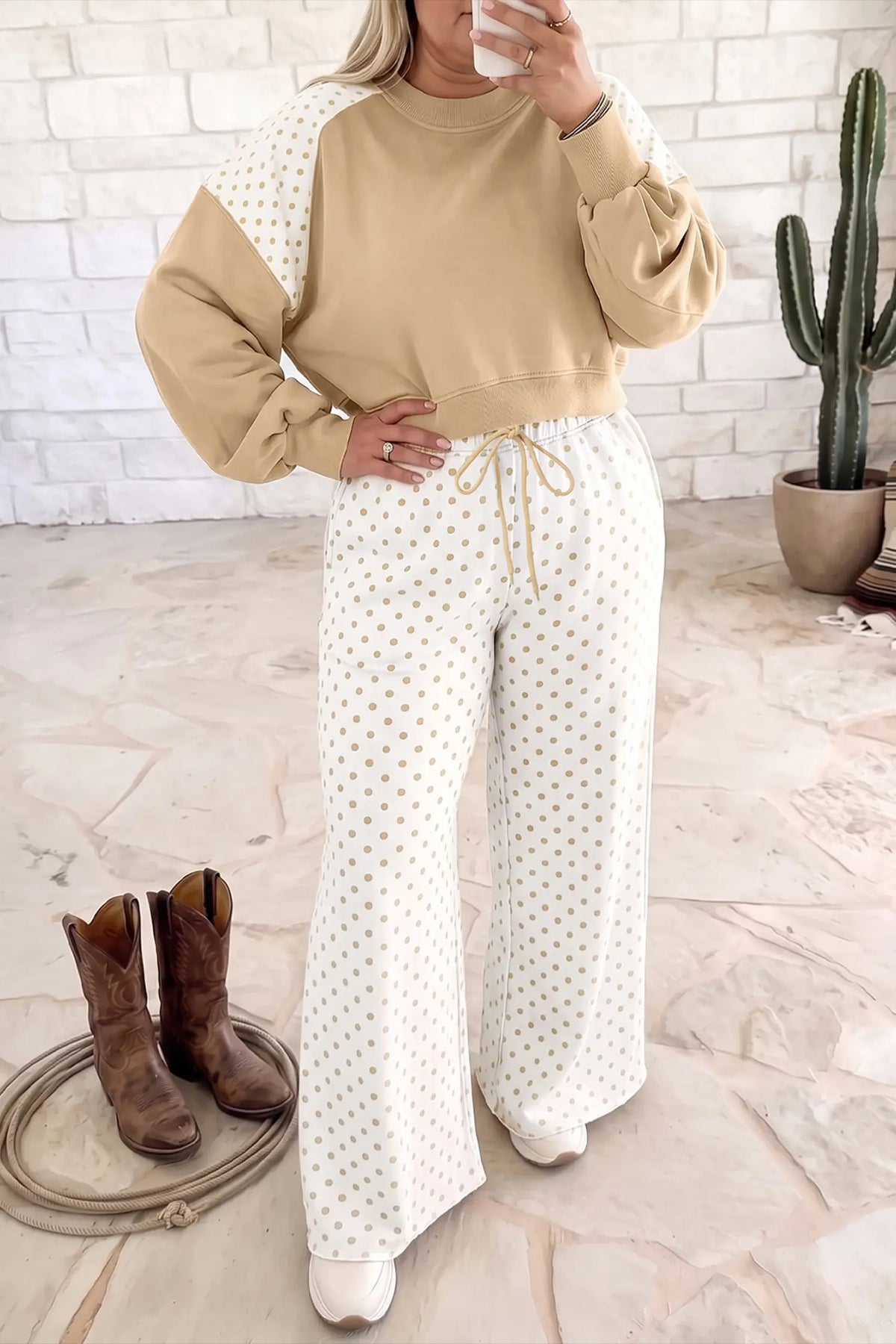Khaki plus size color block polka dot long sleeve top and drawstring pants set, model front view · nz-alt-v1