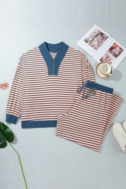 Pink Stripe Striped Colorblock V Neck Long Sleeve Plus Size Set