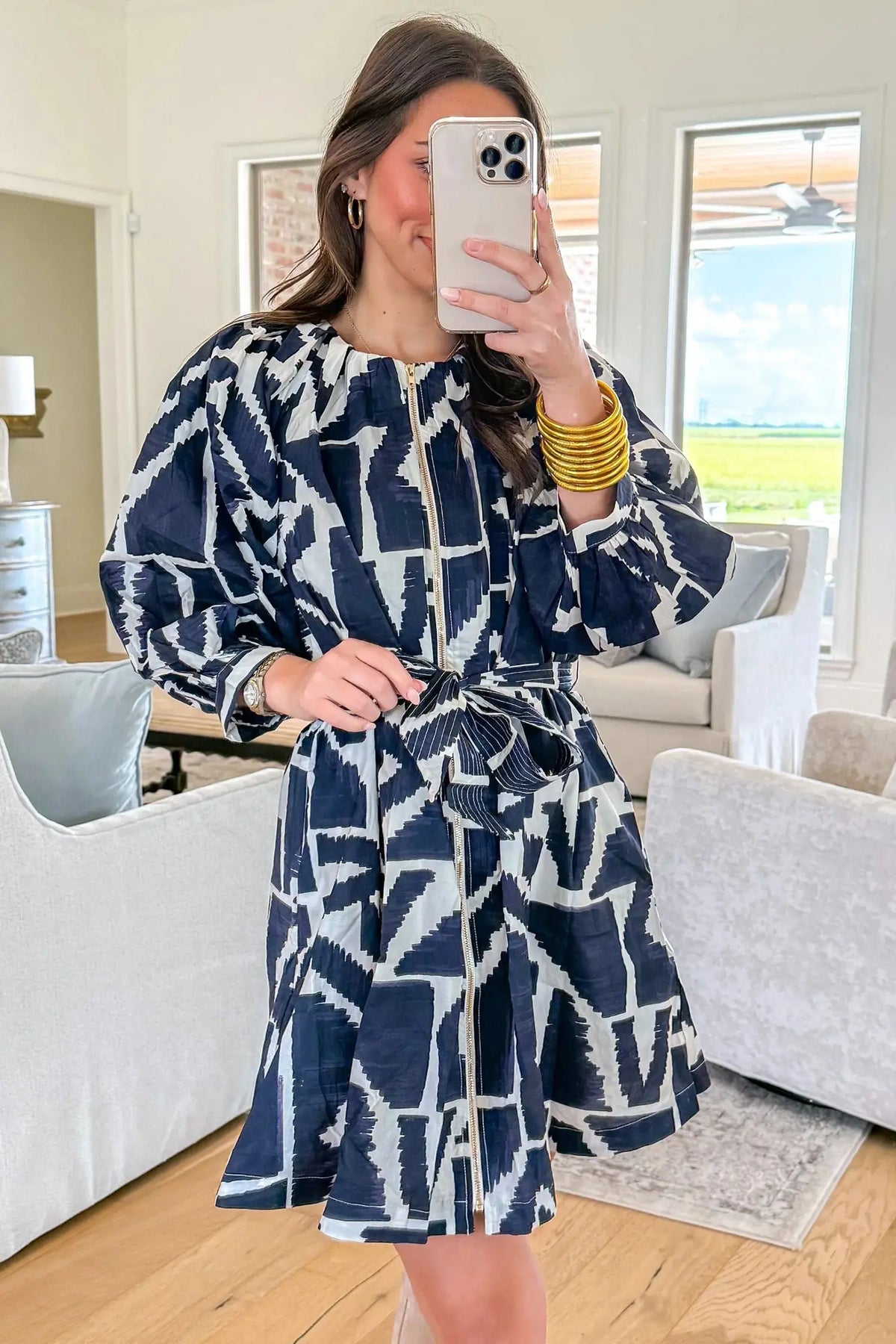 Blue Abstract Geometric Print Zip Front Tie Waist Shift Dress model front view · nz-alt-v1