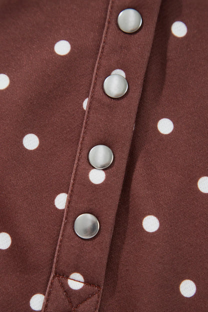 Pink Polka Dot Print Metal Button Collar Casual Pullover Sweatshirt