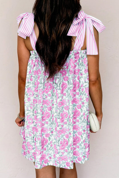 Pink Floral Print Striped Patchwork Bow Knot Straps Mini Dress - Casual Dresses