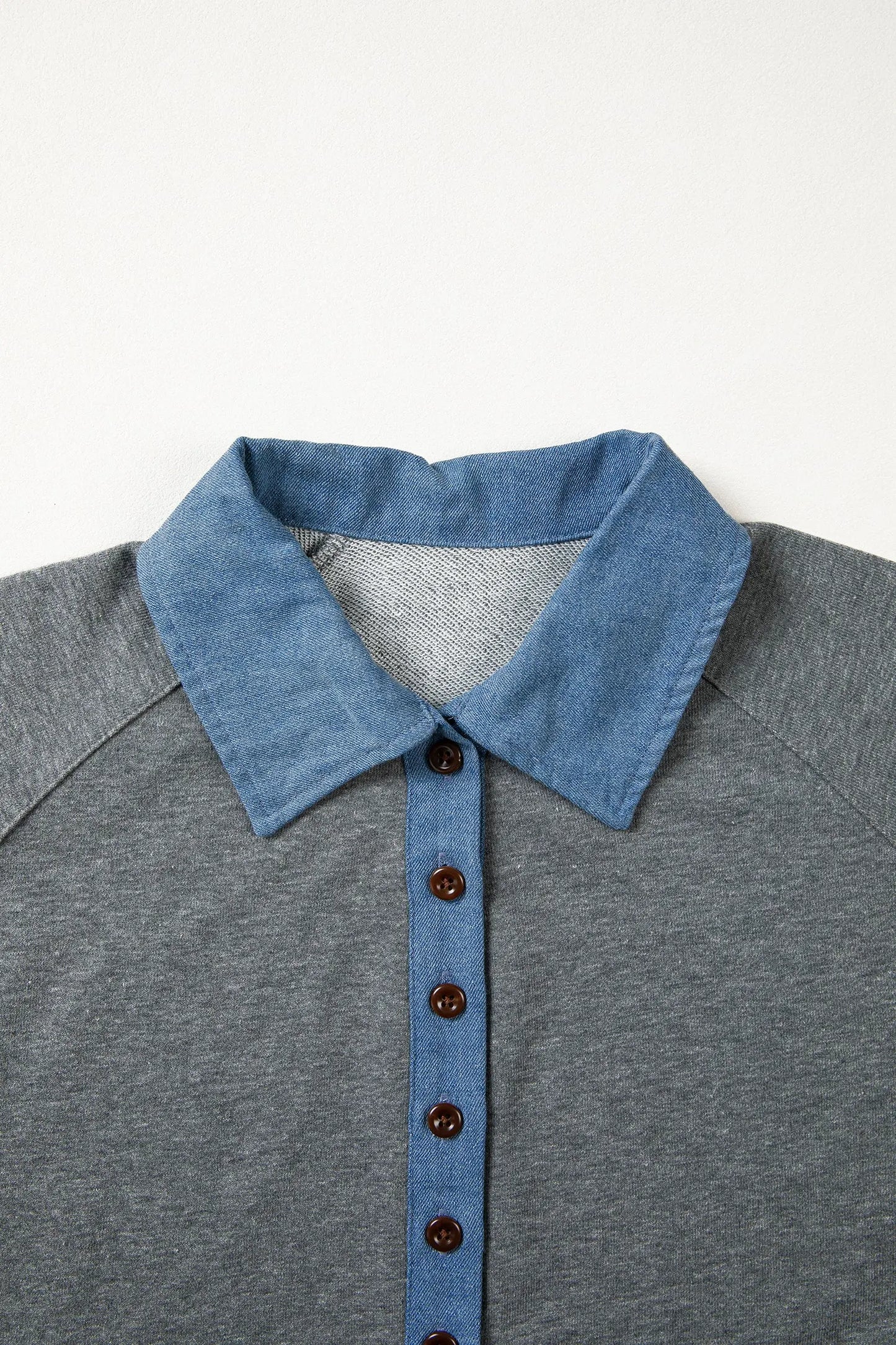 Carbon Grey Denim Color Block Patchwork Shirt Collar Short Sleeve Blouse Nataliz